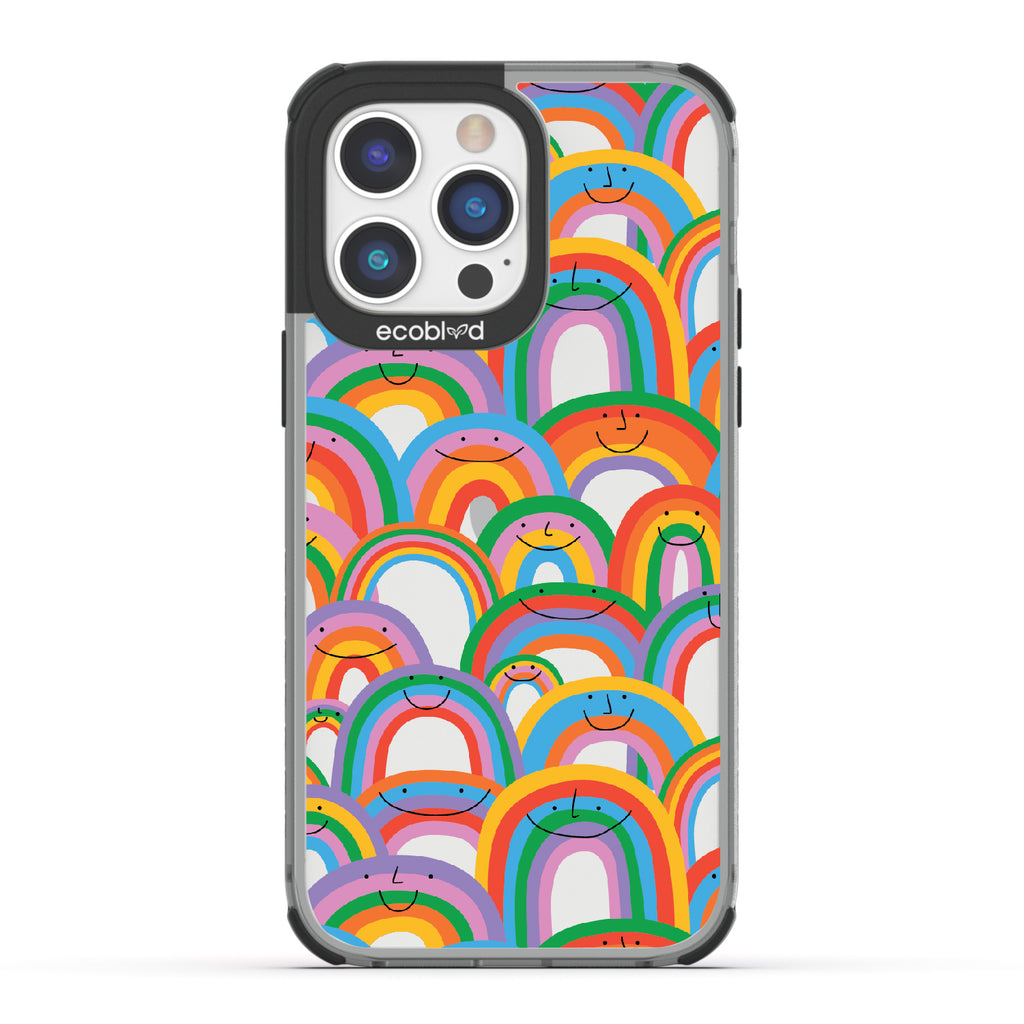 Prideful Smiles - Black Eco-Friendly iPhone 14 Pro Case With Rainbows That Have Smiley Faces On A Clear Back