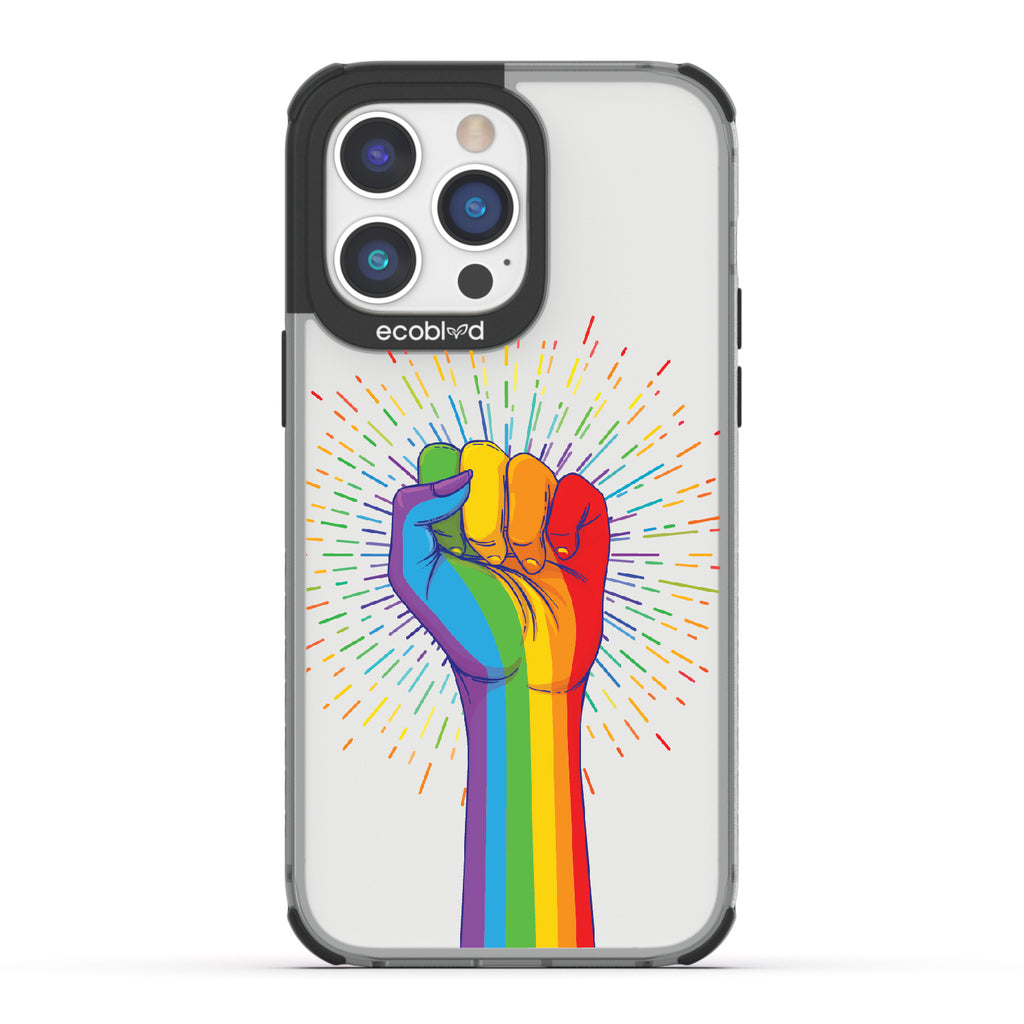 Rise With Pride - Black Eco-Friendly iPhone 14 Pro Case With Raised Fist In Rainbow Colors On A Clear Back