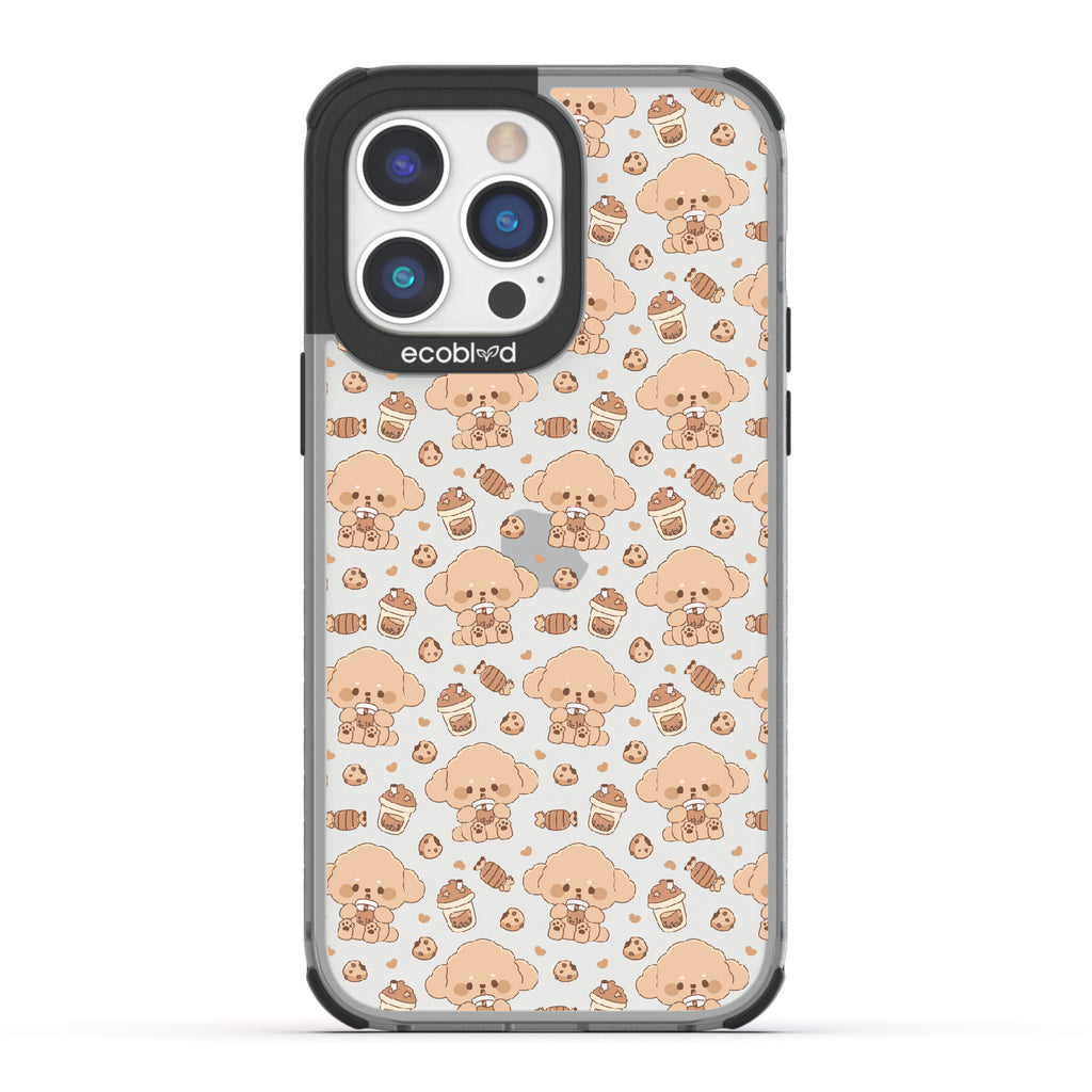 iPhone 14 Pro case, clear eco-friendly phone case with black ridges, back view, Pupaccino design