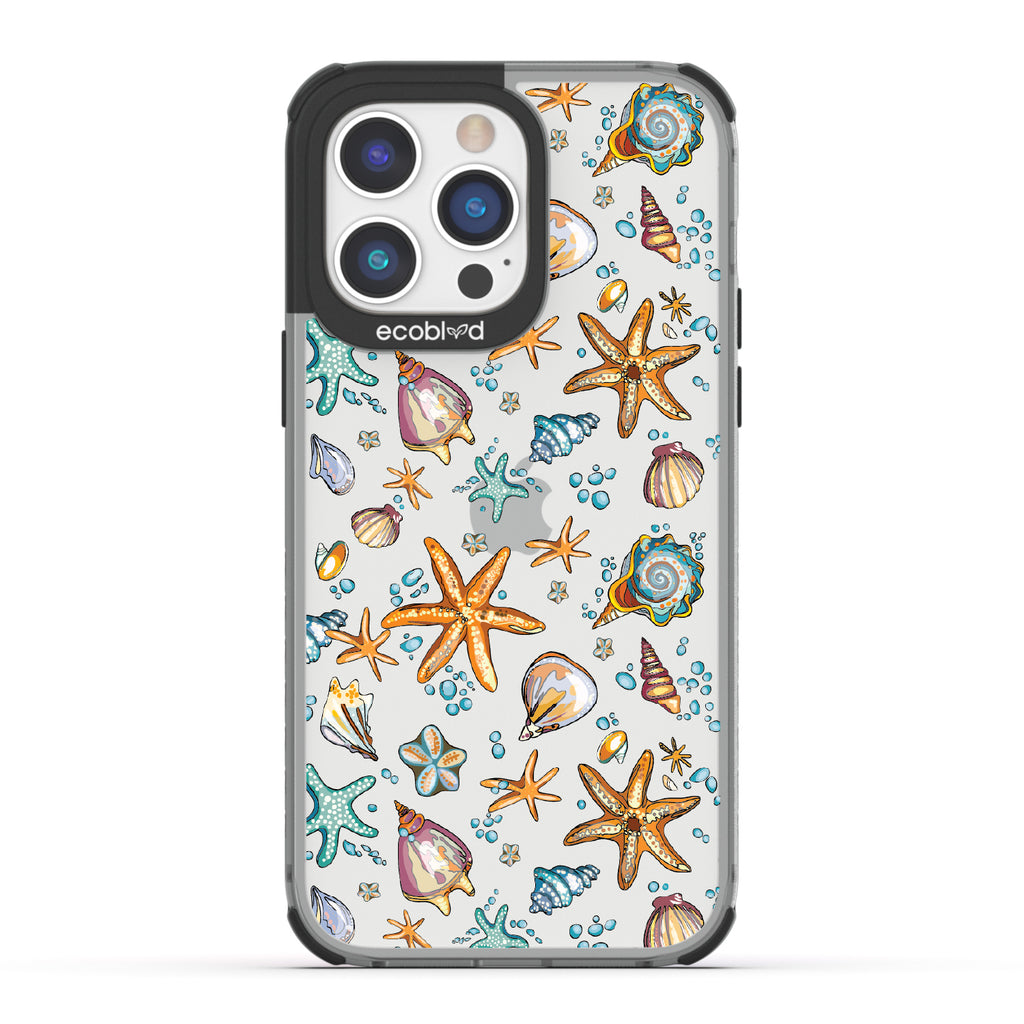 iPhone 14 Pro Max case, clear eco-friendly phone case with black ridges, back view, By The Sea Shore design