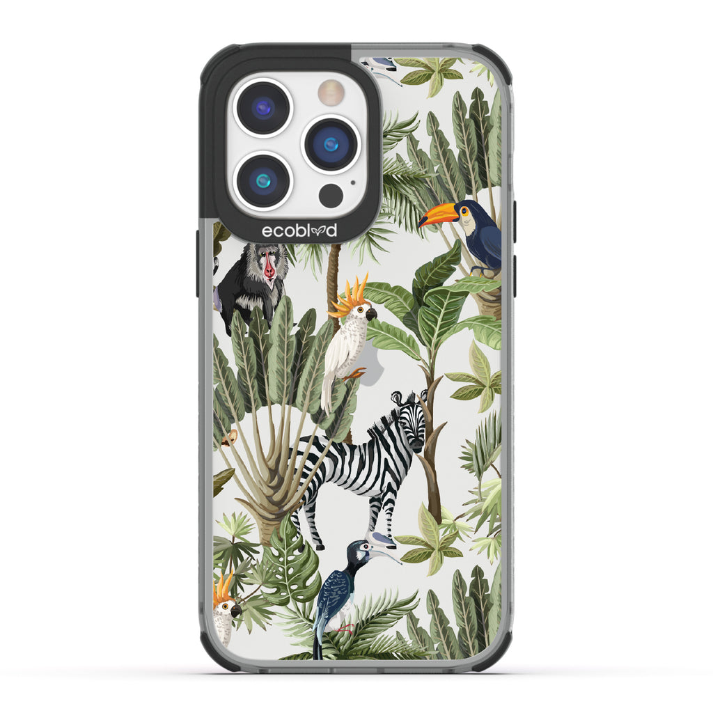 Toucan Play That Game - Black Eco-Friendly iPhone 14 Pro Case With Jungle Fauna, Toucan, Zebra & More On A Clear Back