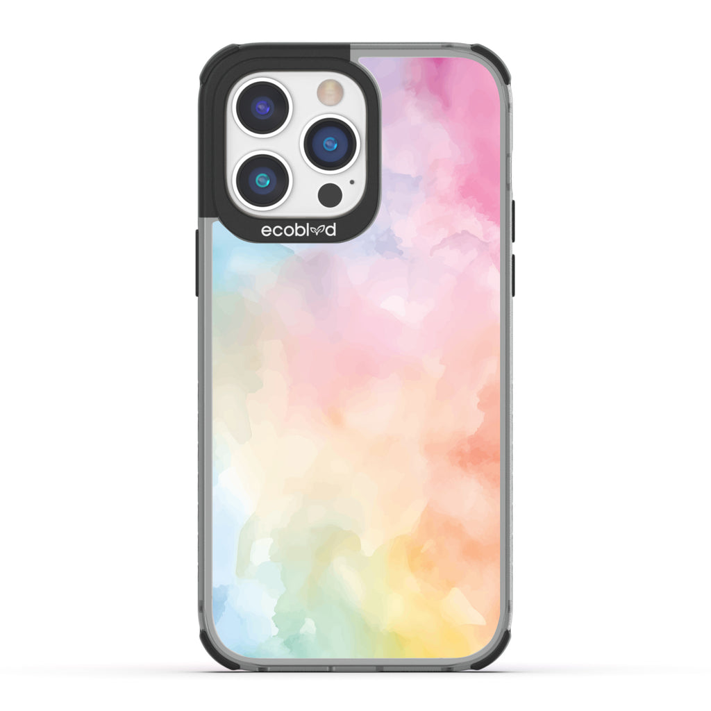 iPhone 14 Pro Max case, clear eco-friendly phone case with black ridges, back view, Painted Skies design