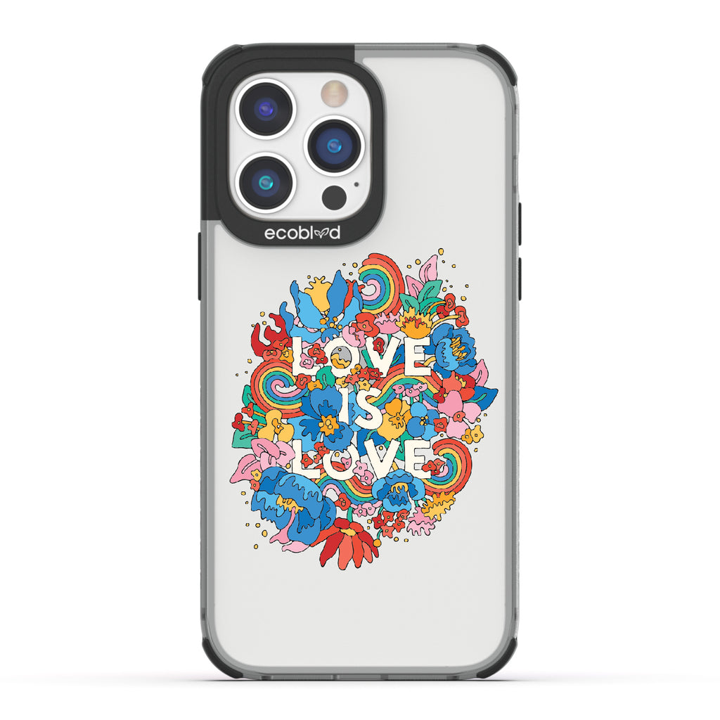 Ever-Blooming Love - Black Eco-Friendly iPhone 14 Pro Max Case With Rainbows + Flowers, Love Is Love On A Clear Back