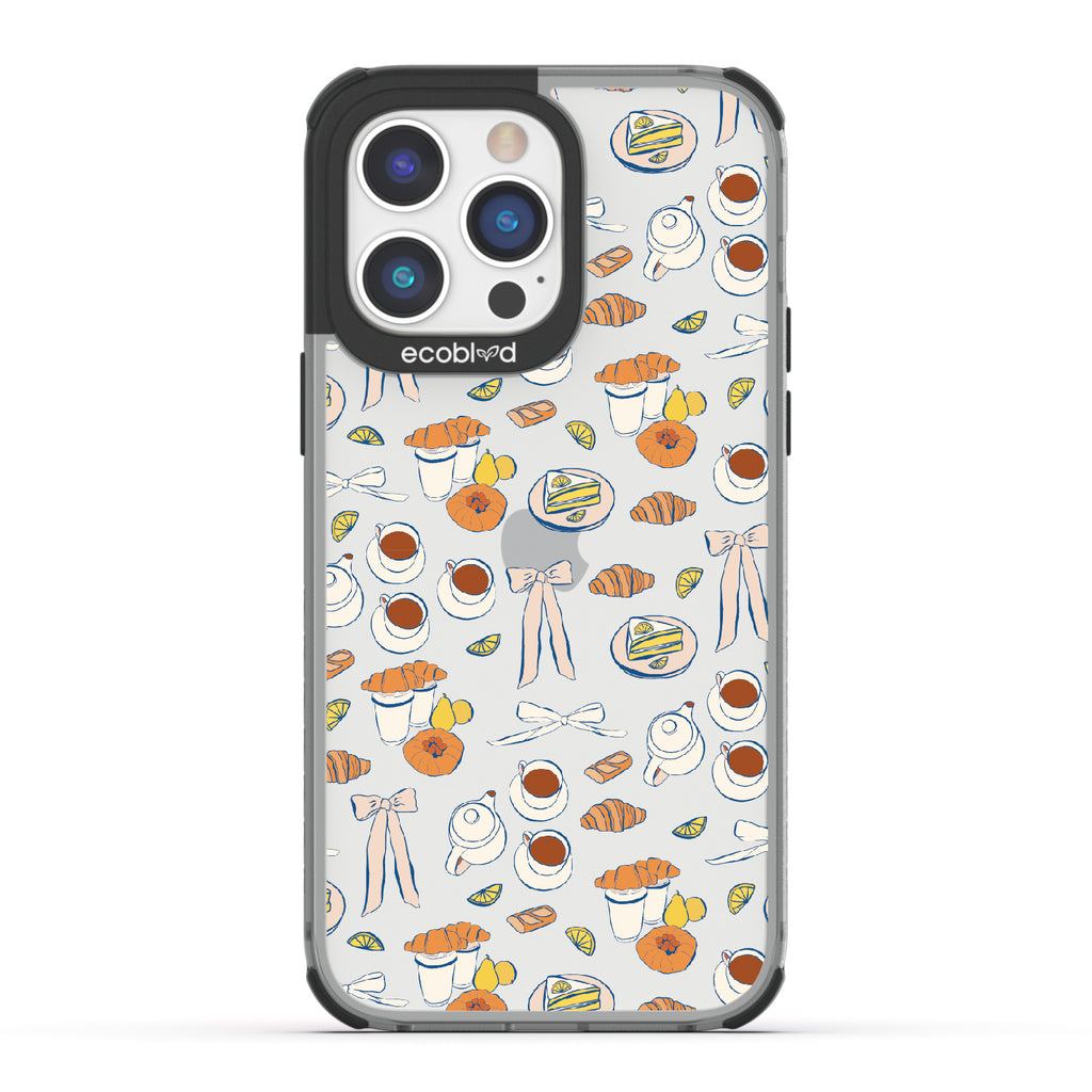 iPhone 14 Pro Max case, clear eco-friendly phone case with black ridges, back view, Tea Time design