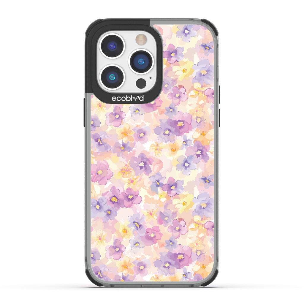 iPhone 14 Pro Max case, clear eco-friendly phone case with black ridges, back view, Flowering Thoughts design