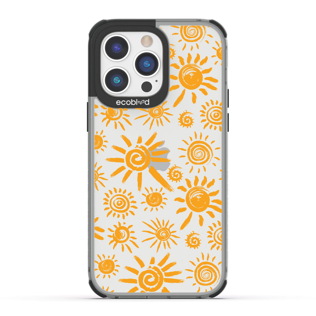 Eternal Sunshine - Black Eco-Friendly iPhone 14 Pro Max Case With Retro & Abstract Sun Paintings On A Clear Back