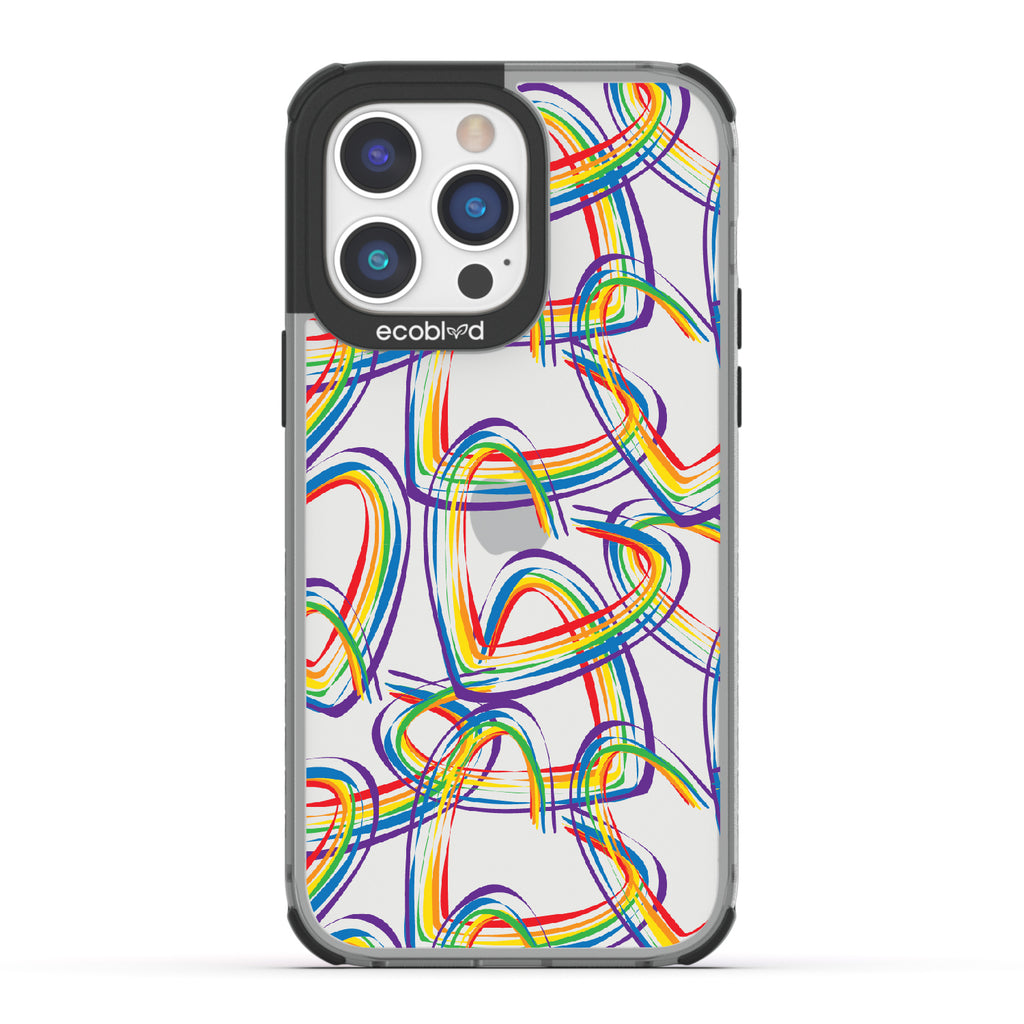 One Love - Black Eco-Friendly iPhone 14 Pro Max Case With Brush Stroke Rainbow Hearts On A Clear Back