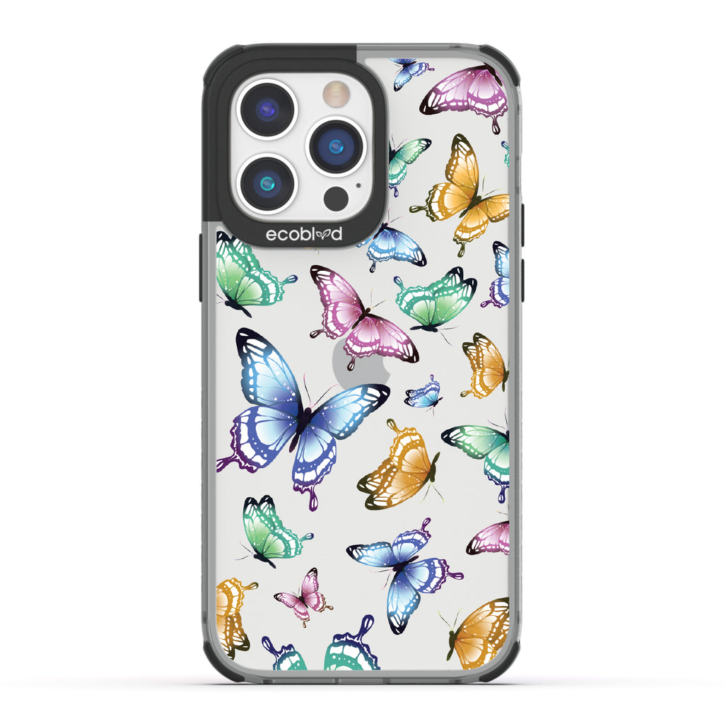 Social Butterfly - Black Eco-Friendly iPhone 14 Pro Case With Colorful Butterflies On A Clear Back - Compostable