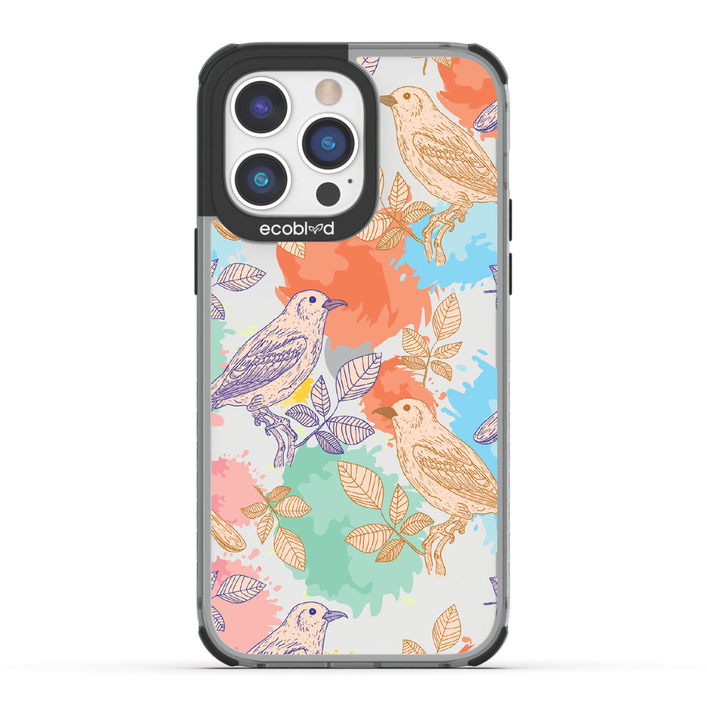 Perch Perfect - Black Eco-Friendly iPhone 14 Pro Max Case With Birds On Branches & Splashes Of Color On A Clear Back