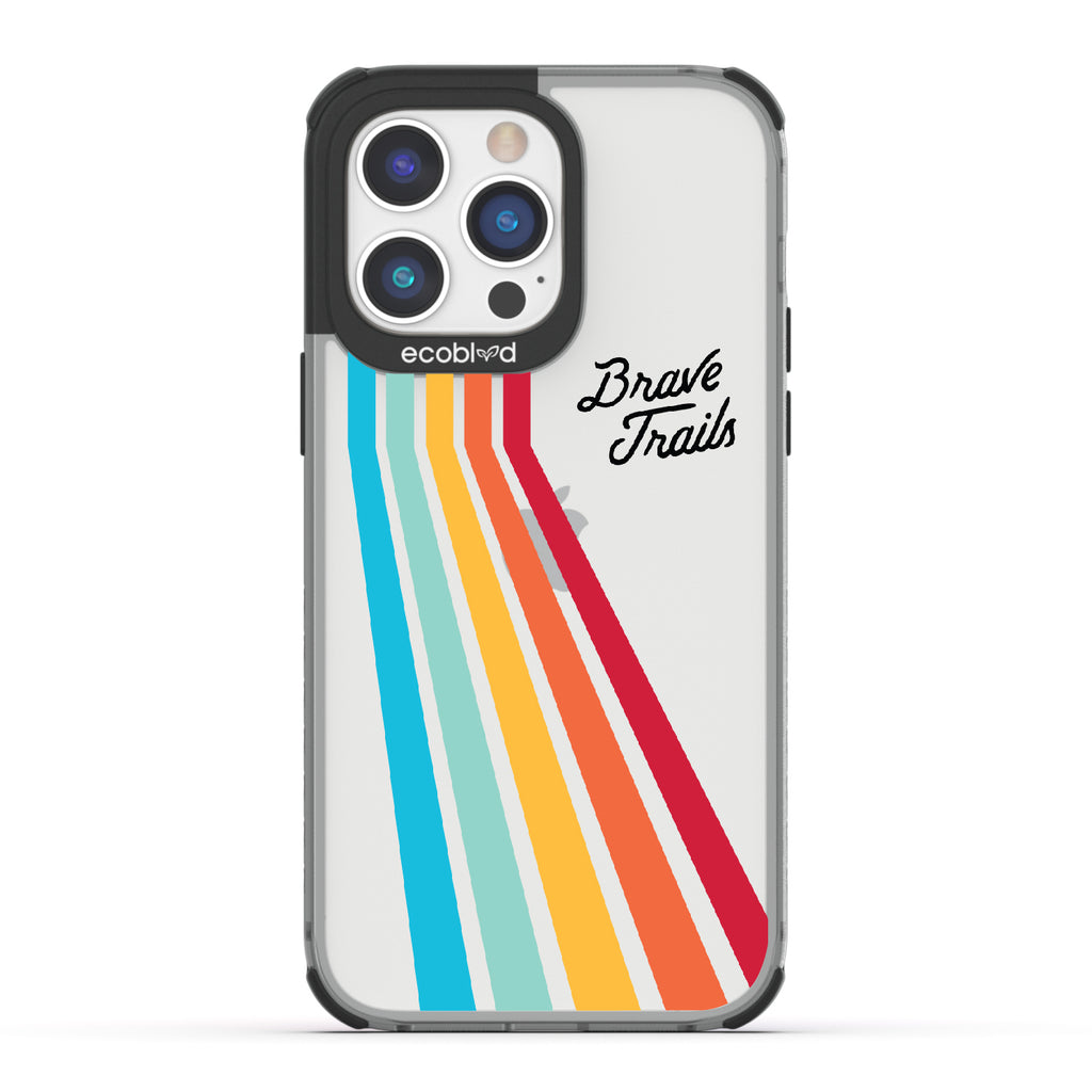 Trailblazer X Brave Trails - Black Eco-Friendly iPhone 14 Pro Case with Trails  In A Vibrant Spectrum Of Rainbow Colors On A Clear Back
