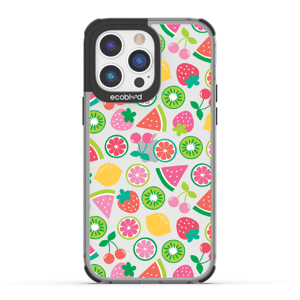 Juicy Fruit - Black Eco-Friendly iPhone 14 Pro Max Case With Various Colorful Summer Fruits On A Clear Back