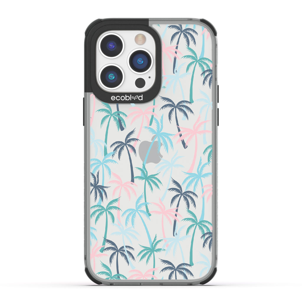 Cruel Summer - Black Eco-Friendly iPhone 14 Pro Max Case With Hotline Miami Colored Tropical Palm Trees On A Clear Back