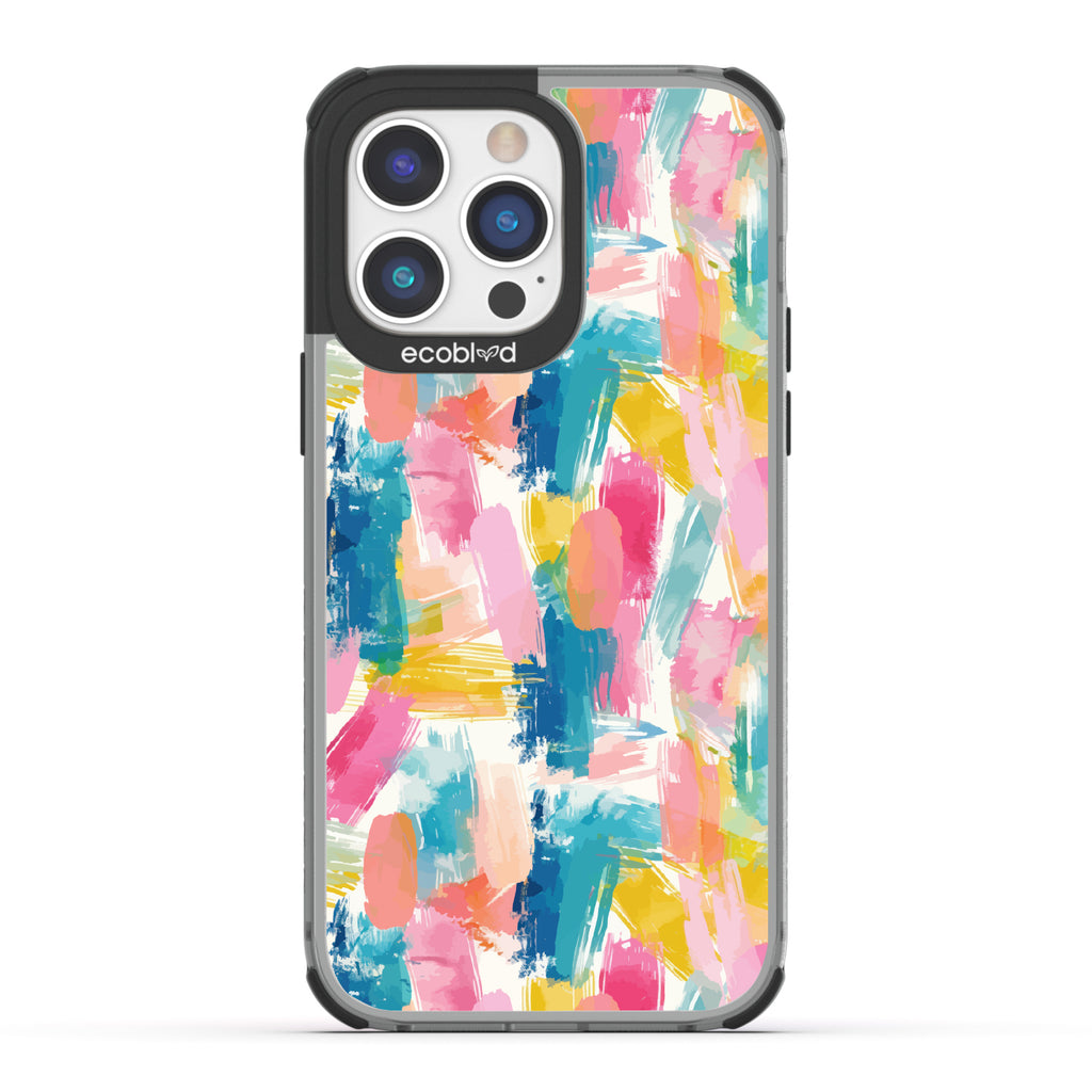 iPhone 14 Pro Max case, clear eco-friendly phone case with black ridges, back view, Blurred Beauty design