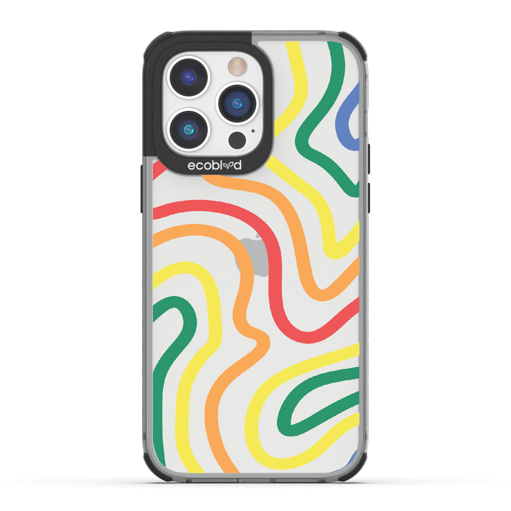 True Colors - Black Eco-Friendly iPhone 14 Pro Max Case With Abstract Lines In Different Colors Of The Rainbow On A Clear Back
