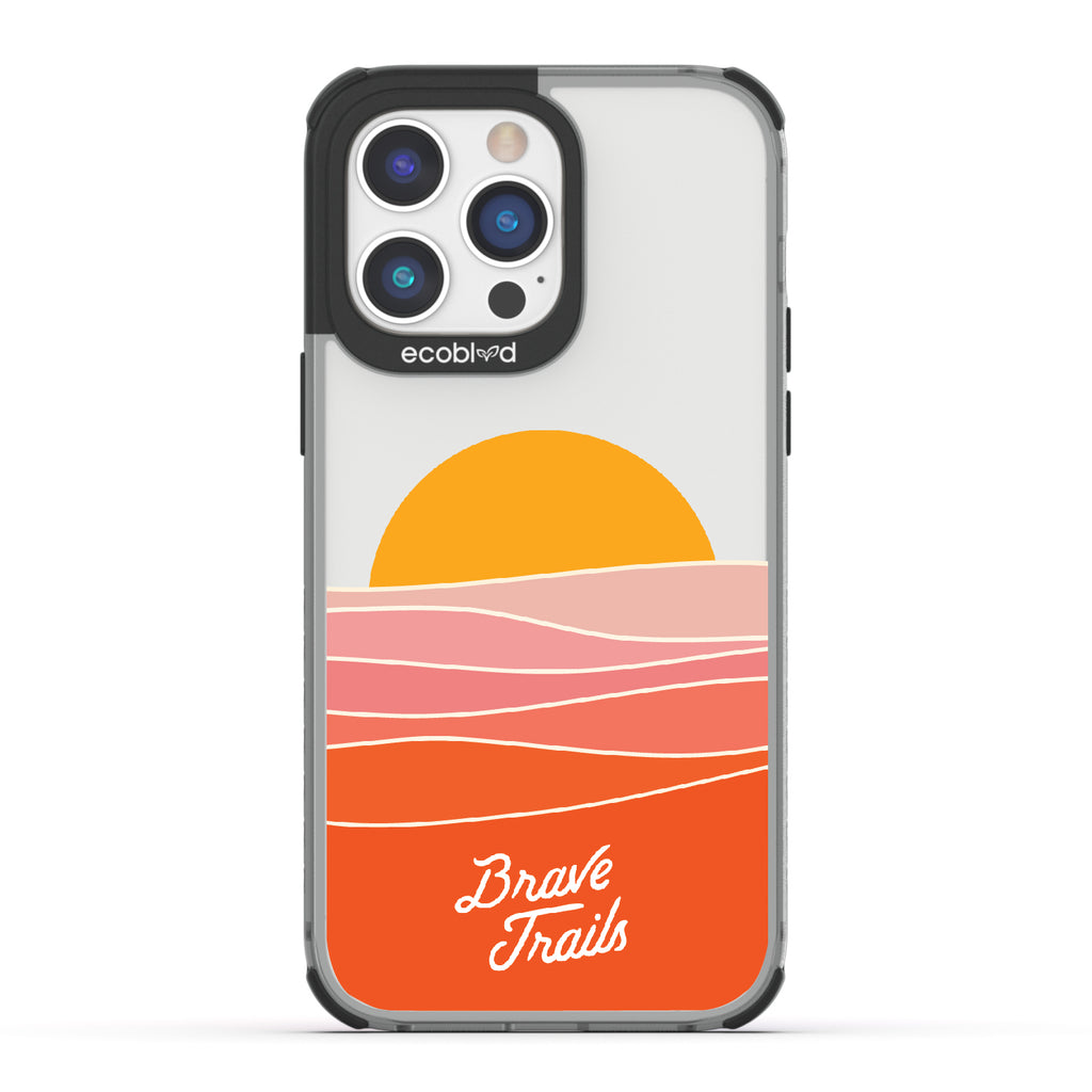 Enlightened X Brave Trails - Black Eco-Friendly iPhone 14 Pro Max Case with Sun Rising Over Minimalist Hillside On Clear Back