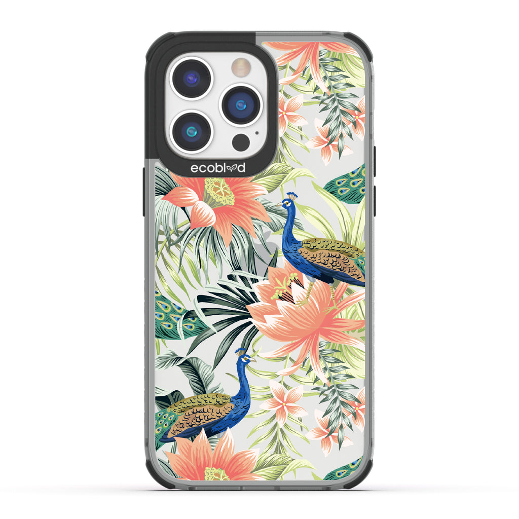 Peacock Palace - Black Eco-Friendly iPhone 14 Pro Case With Peacocks + Colorful Tropical Fauna On A Clear Back