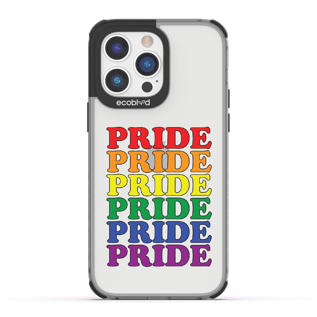 Pride Camp - Black Eco-Friendly iPhone 14 Pro Max Case With Pride Stacked In Multiple Rainbow Colors On A Clear Back