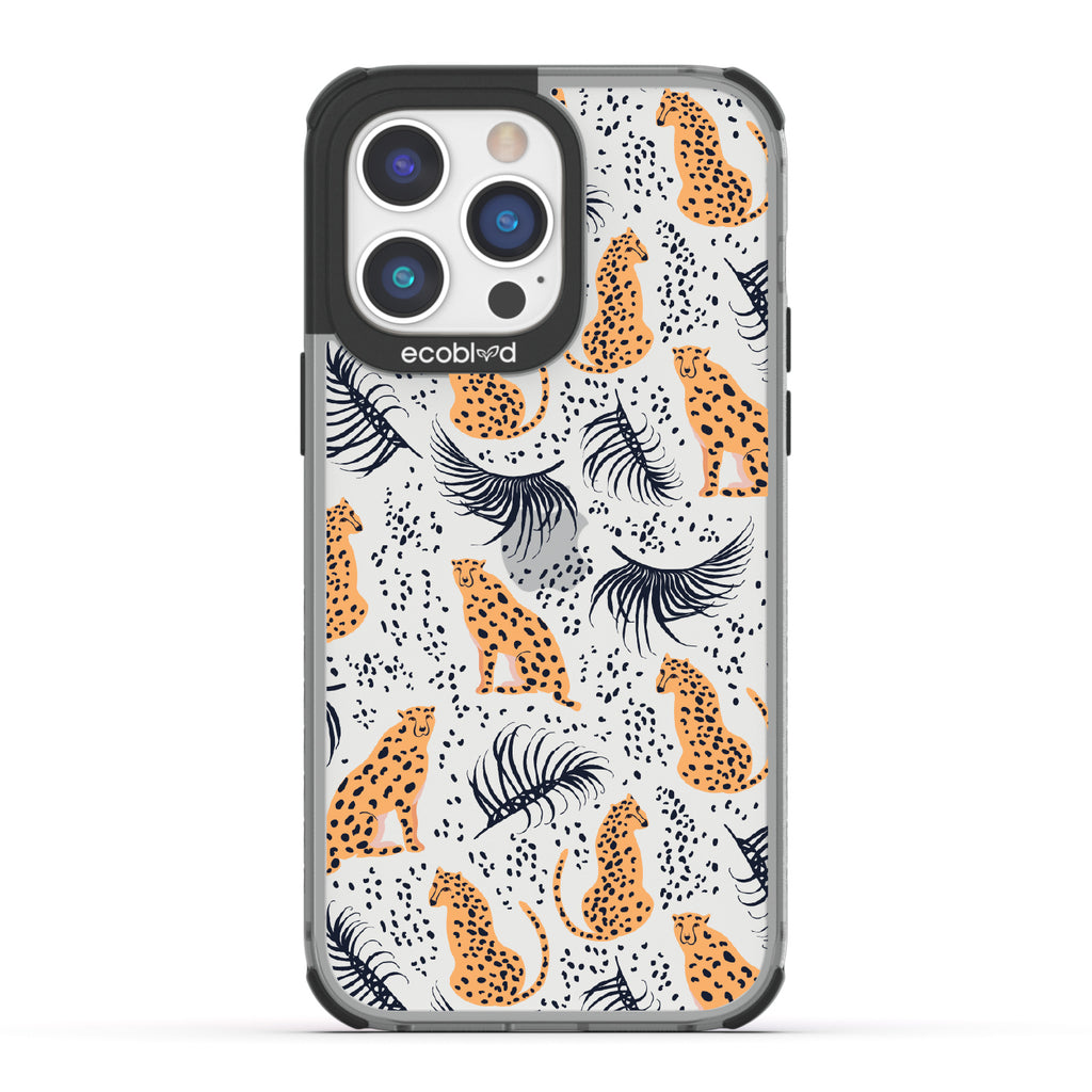 Feline Fierce - Black Eco-Friendly iPhone 14 Pro Max Case With Minimalist Cheetahs With Spots and Reeds On A Clear Back