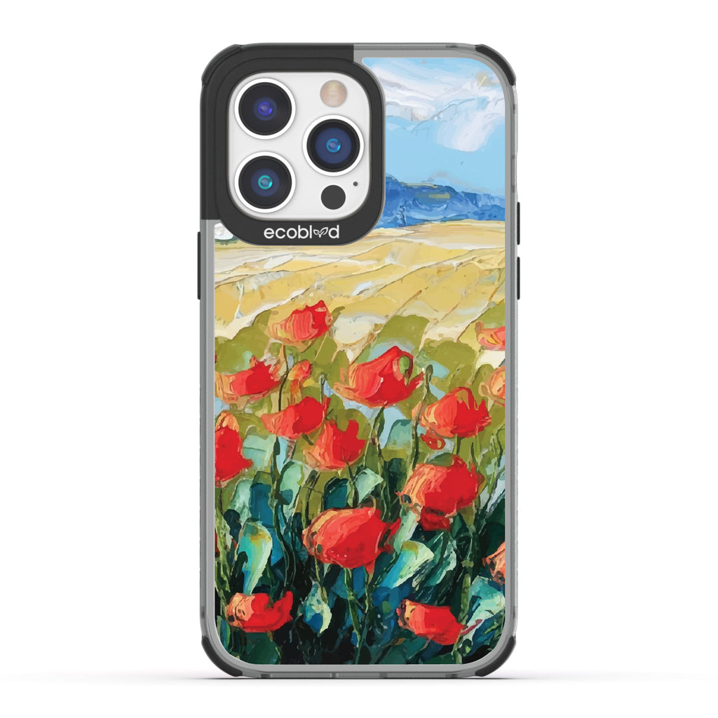 iPhone 14 Pro Max case, clear eco-friendly phone case with black ridges, back view, Sleepy Bloom design
