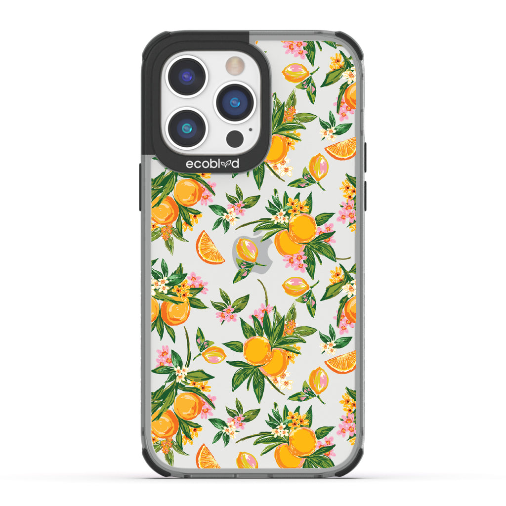 Orange Bliss - Black Eco-Friendly iPhone 14 Pro Max Case With Oranges, Orange Slices and Leaves On A Clear Back