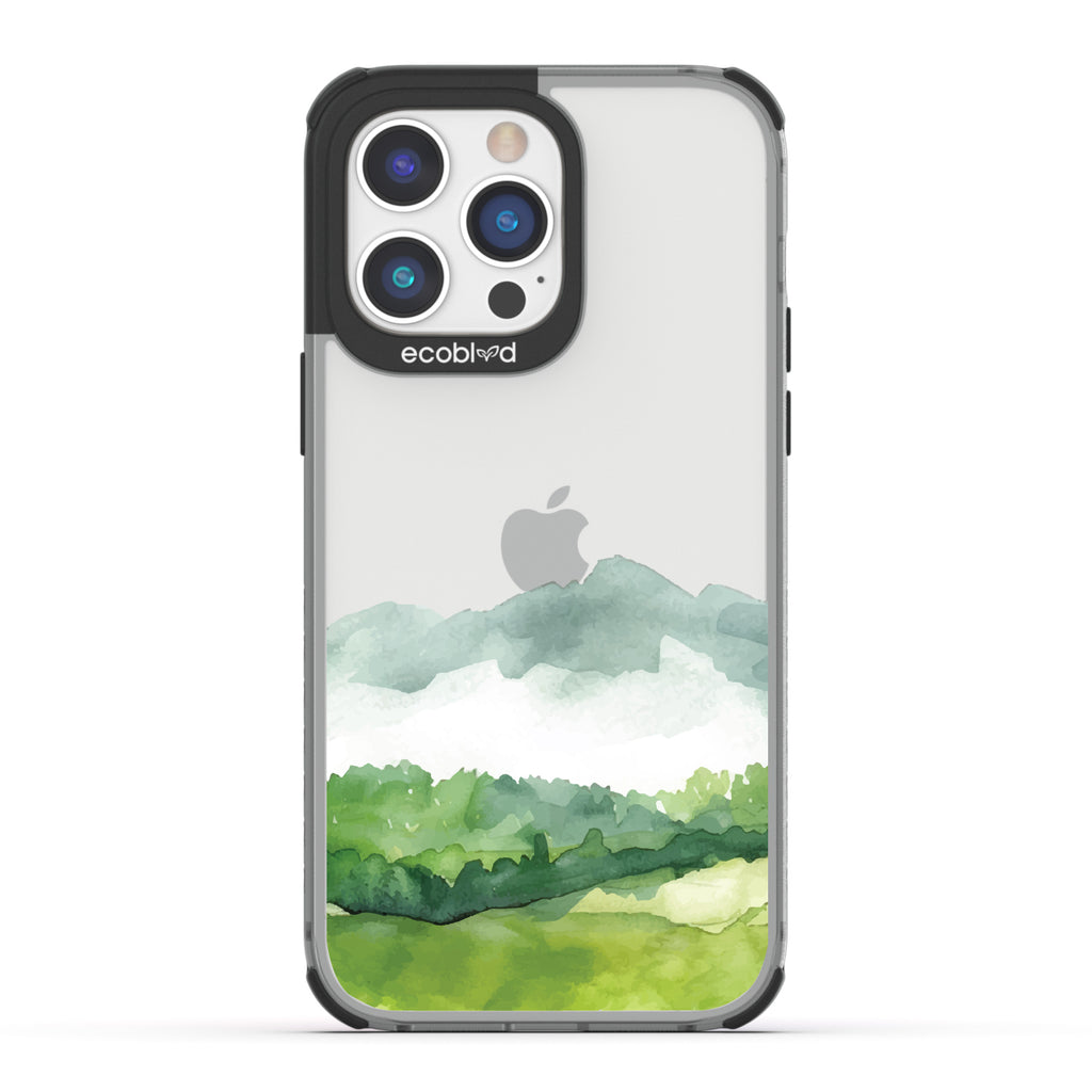 iPhone 14 Pro Max case, clear eco-friendly phone case with black ridges, back view, Open Horizon design