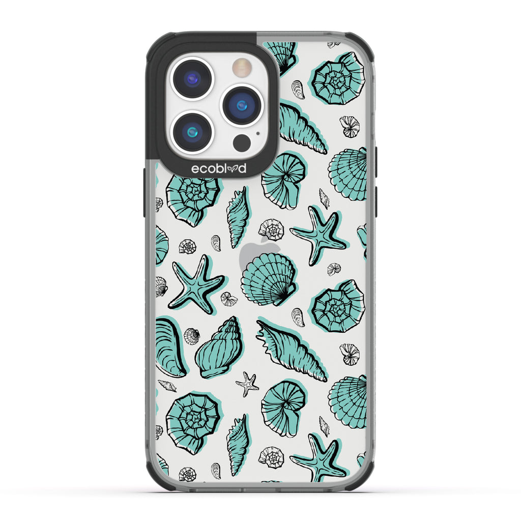 Seashells Seashore - Black Eco-Friendly iPhone 14 Pro Max Case With Seashells and Starfish On A Clear Back