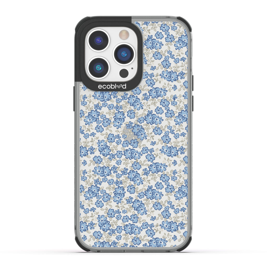 Ditsy Daze - Black Eco-Friendly iPhone 14 Pro Max Case With Vintage Forget-Me-Not Flowers On A Clear Back