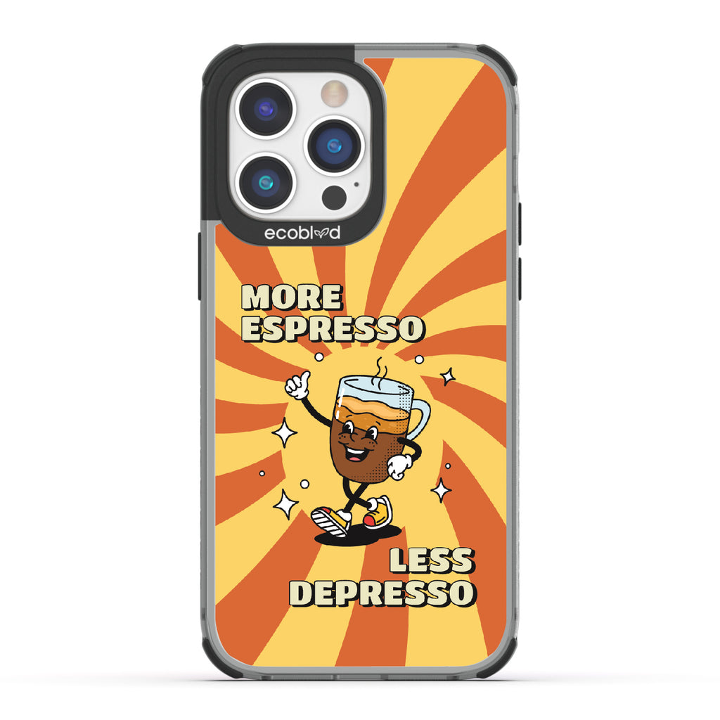 iPhone 14 Pro Max case, clear eco-friendly phone case with black ridges, back view, More Espresso design