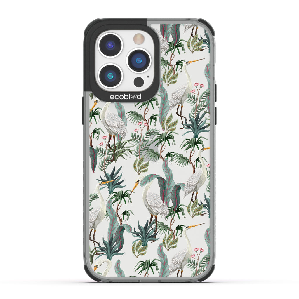Flock Together - Black Eco-Friendly iPhone 14 Pro Max Case With Herons & Peonies On A Clear Back