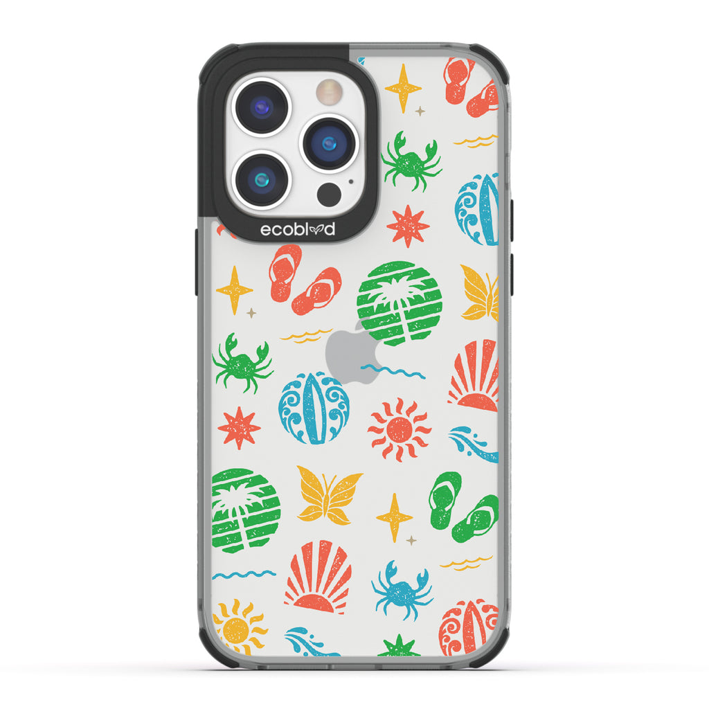Island Time - Black Eco-Friendly iPhone 14 Pro Case With Surfboard Art Of Crabs, Sandals, Waves & More On A Clear Back