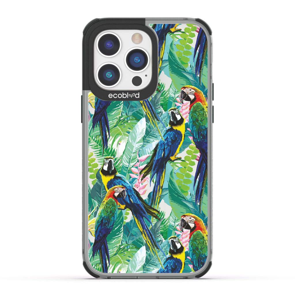 Macaw Medley - Black Eco-Friendly iPhone 14 Pro Max Case With Macaws & Tropical Leaves On A Clear Back