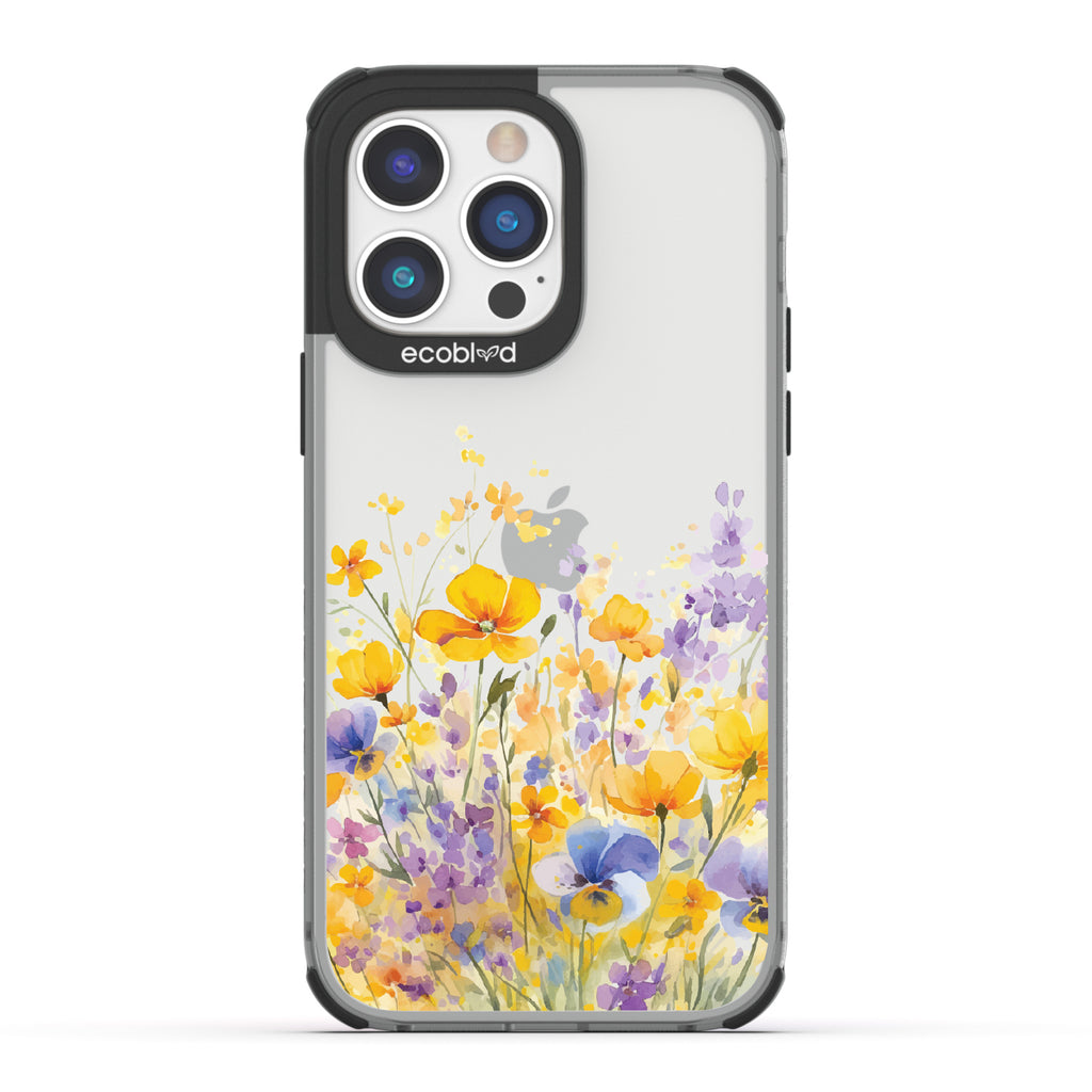 iPhone 14 Pro case, clear eco-friendly phone case with black ridges, back view, Meadowlight design