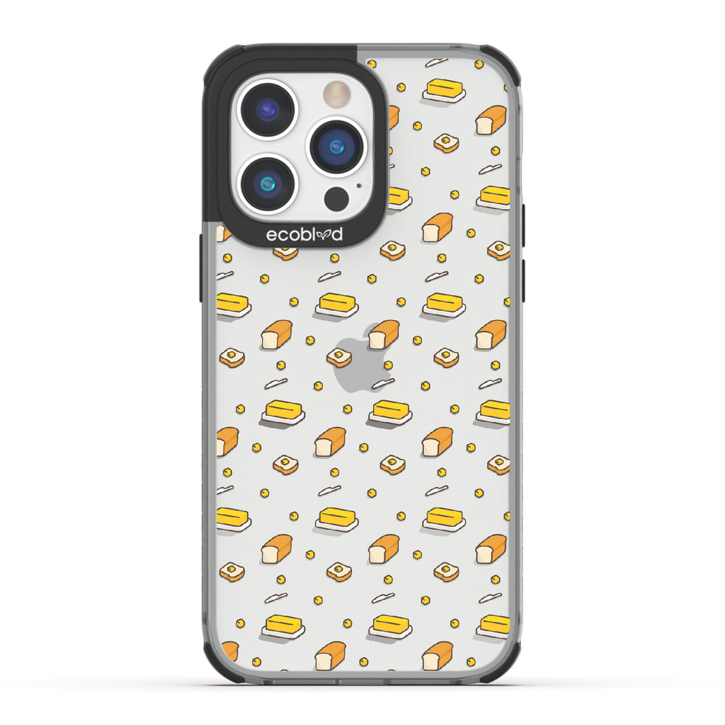 iPhone 14 Pro case, clear eco-friendly phone case with black ridges, back view, Butter Me Up design