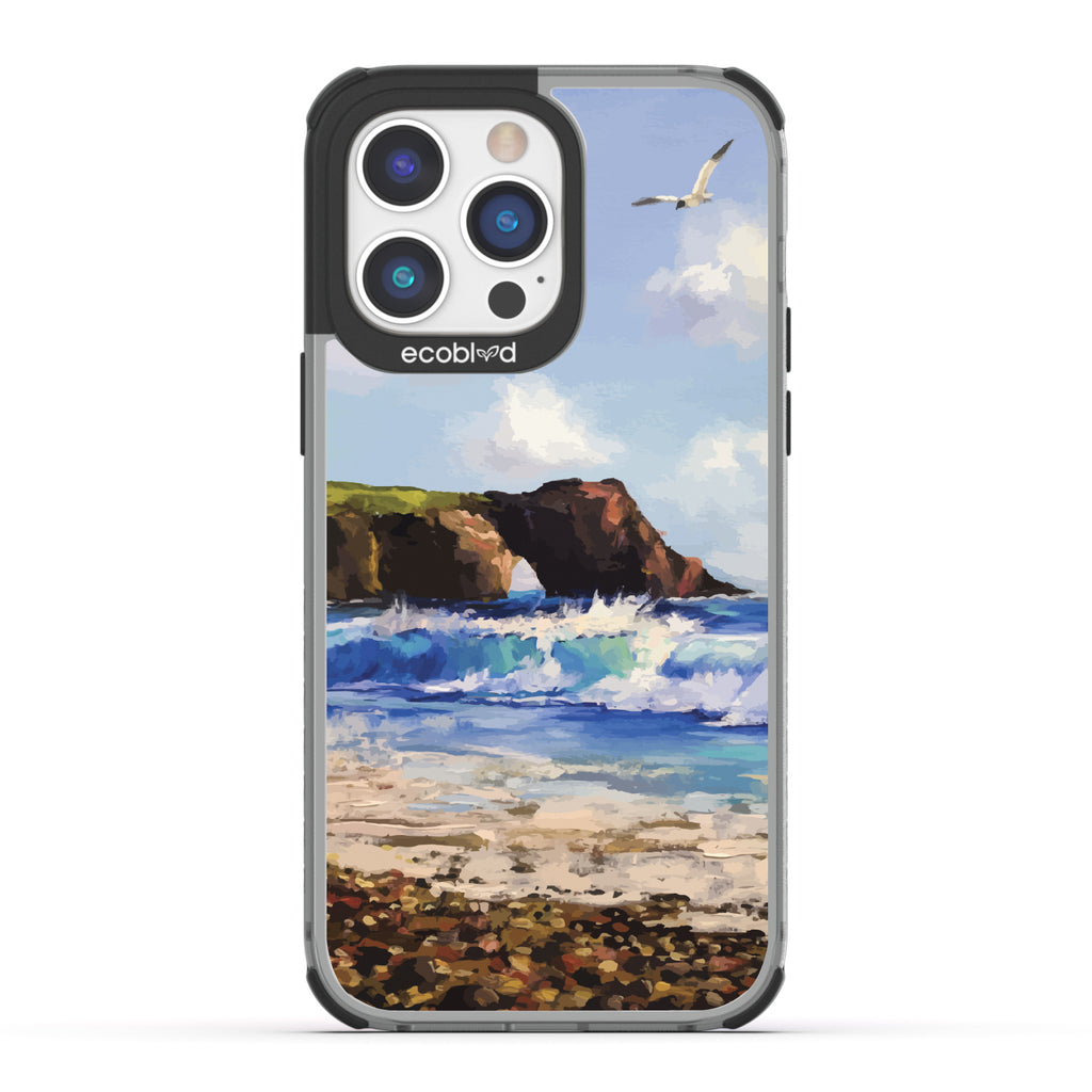 iPhone 14 Pro Max case, clear eco-friendly phone case with black ridges, back view, Cliffhanger design
