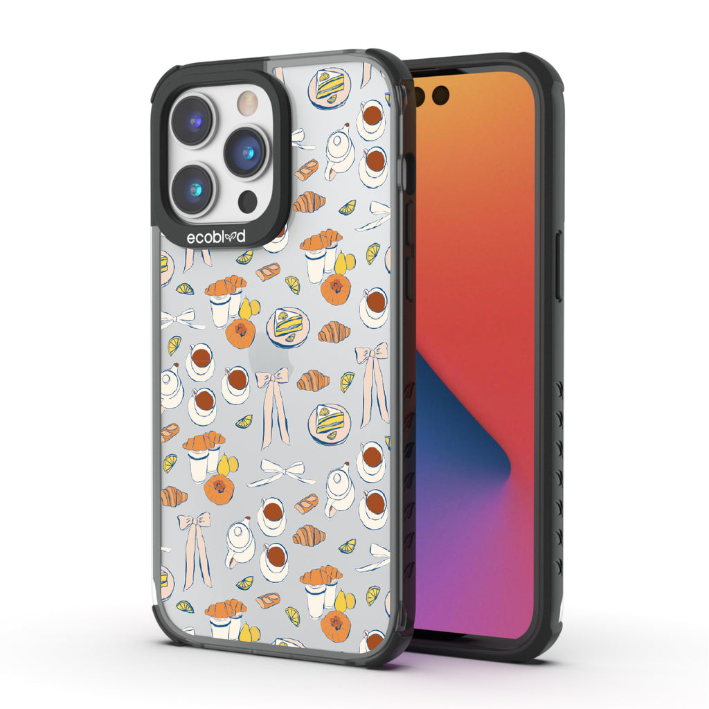 Front and back view of iPhone 14 Pro Max case, clear compostable phone case with black ridges, Tea Time design