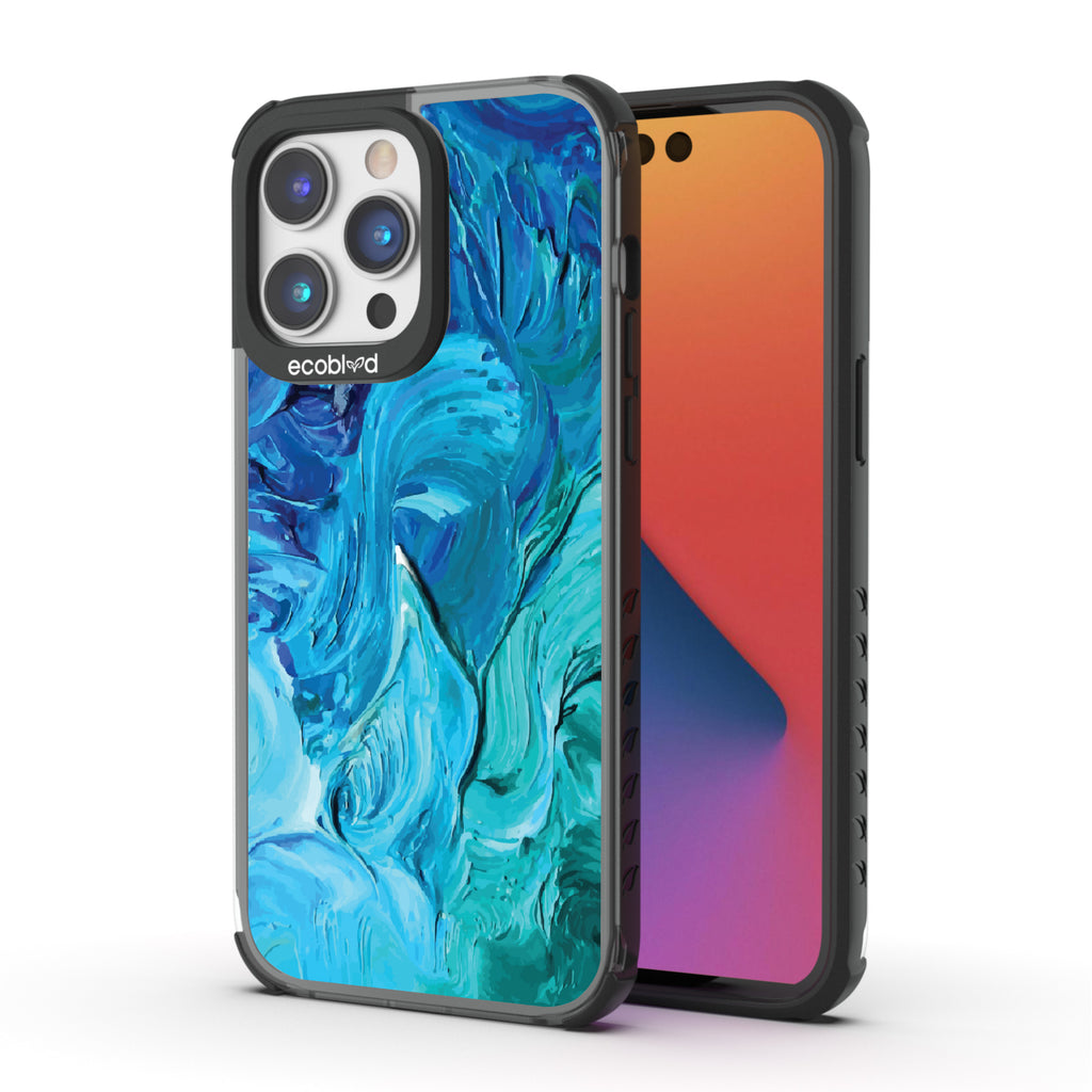 Front and back view of iPhone 14 Pro Max case, clear compostable phone case with black ridges, Oceanswept design