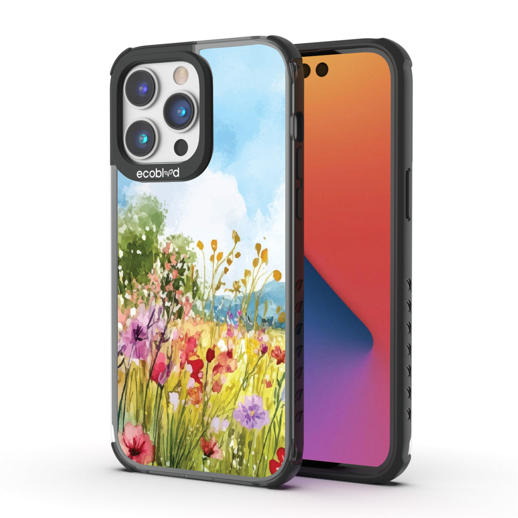 Front and back view of iPhone 14 Pro Max case, clear compostable phone case with black ridges, Everwild design