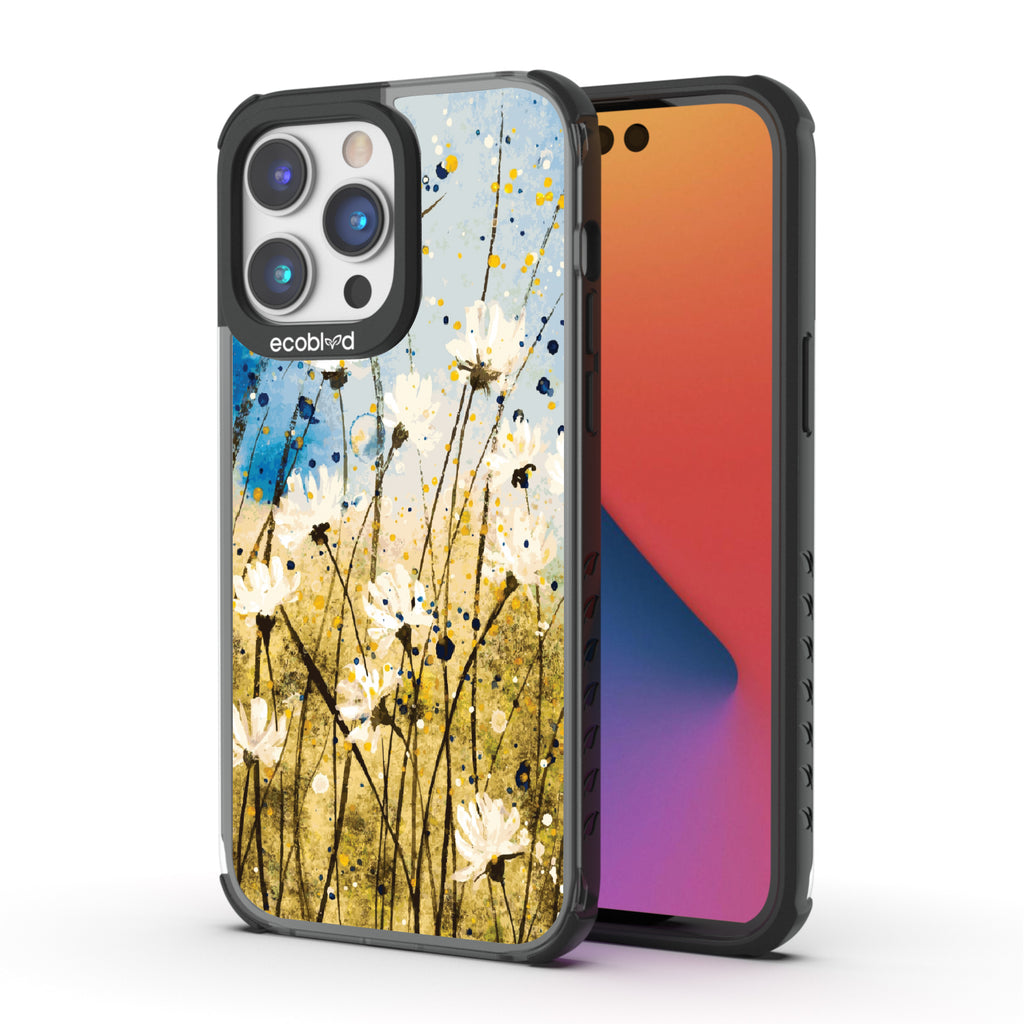 Front and back view of iPhone 14 Pro Max case, clear compostable phone case with black ridges, Dandelion Dance design