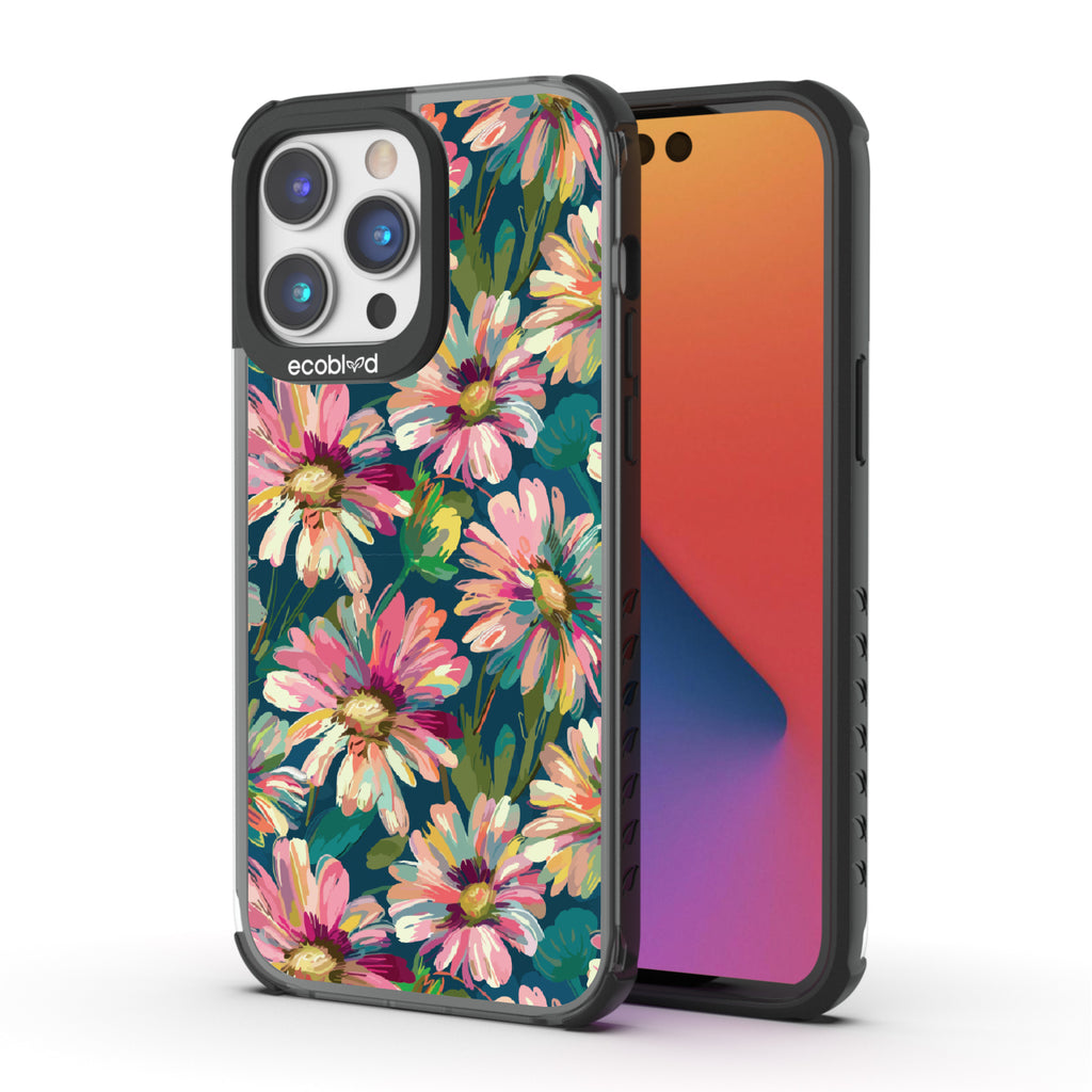 Front and back view of iPhone 14 Pro Max case, clear compostable phone case with black ridges, Daisy Dusk design