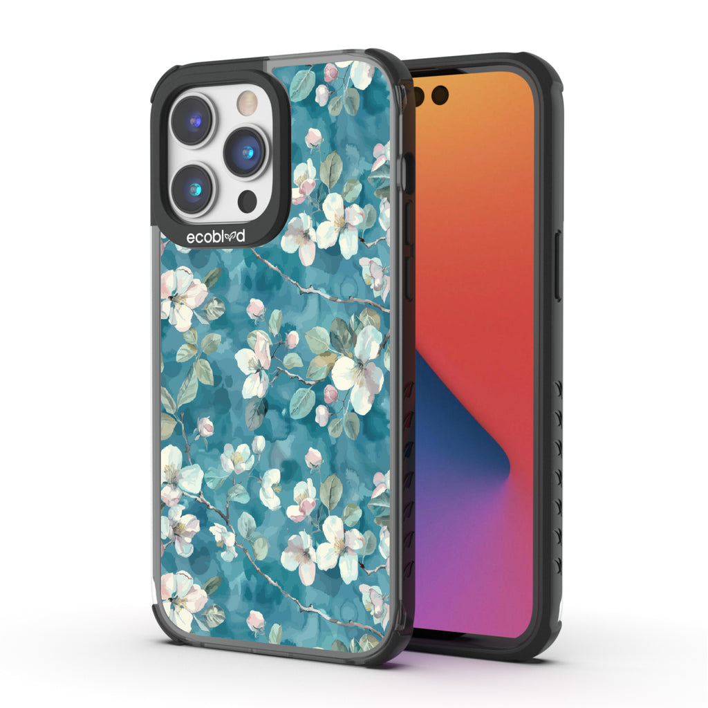 Front and back view of iPhone 14 Procase, clear compostable phone case with black ridges, Sway & Sprout design