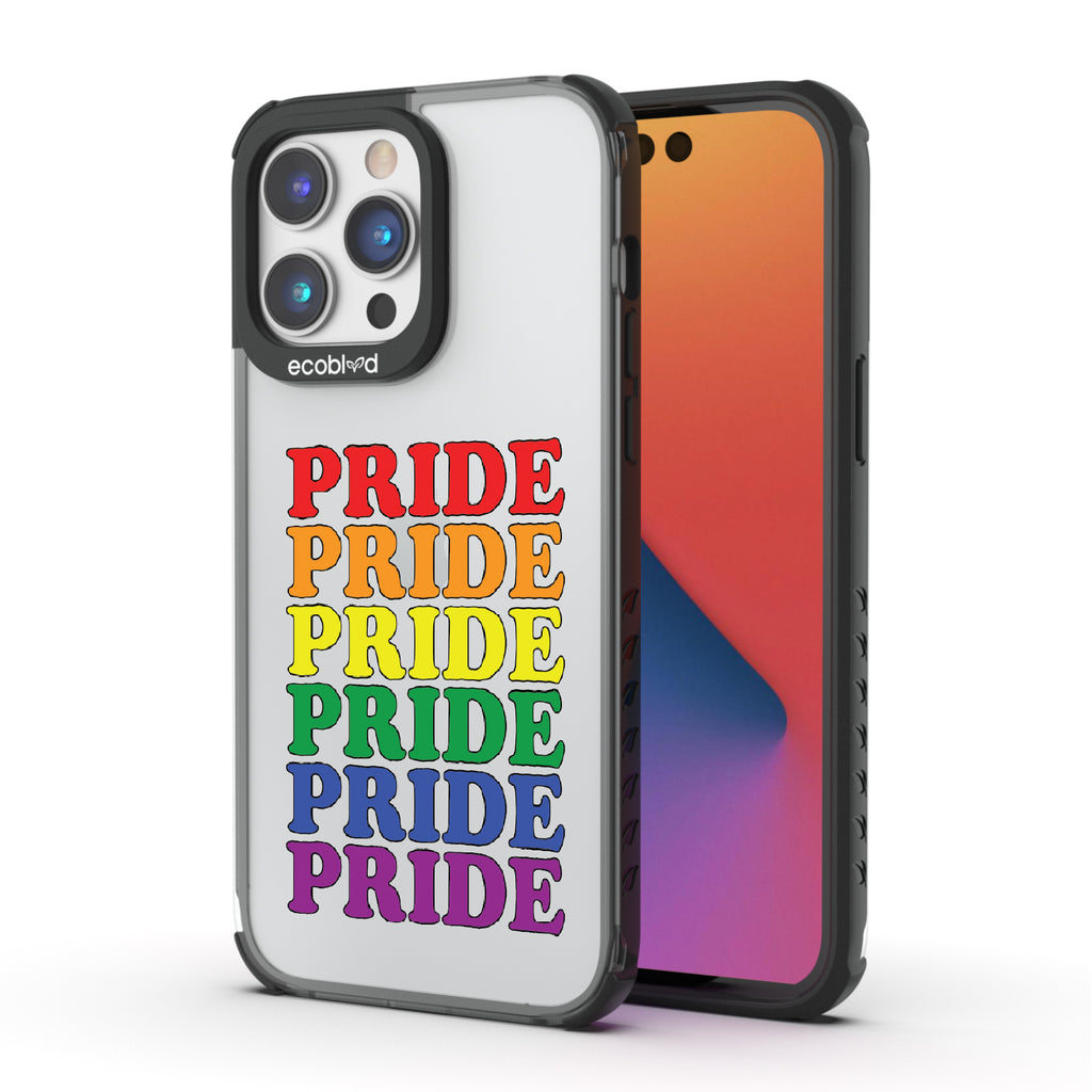 Pride Camp - Back View Of Black & Clear Eco-Friendly iPhone 14 Pro Case & A Front View Of The Screen
