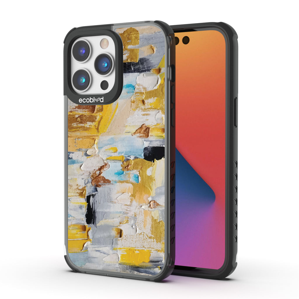 Front and back view of iPhone 14 Pro Max case, clear compostable phone case with black ridges, Lighten Up design