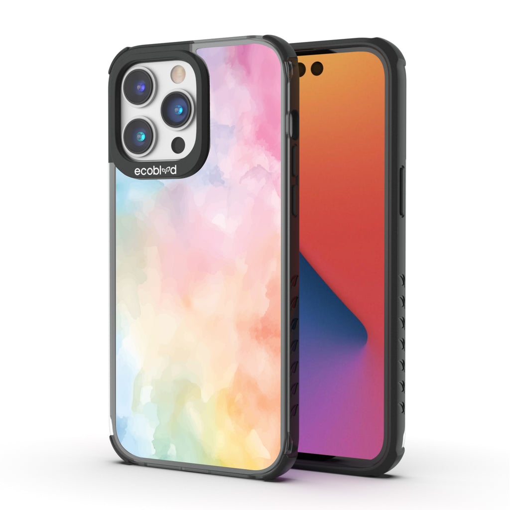 Front and back view of iPhone 14 Pro Max case, clear compostable phone case with black ridges, Painted Skies design