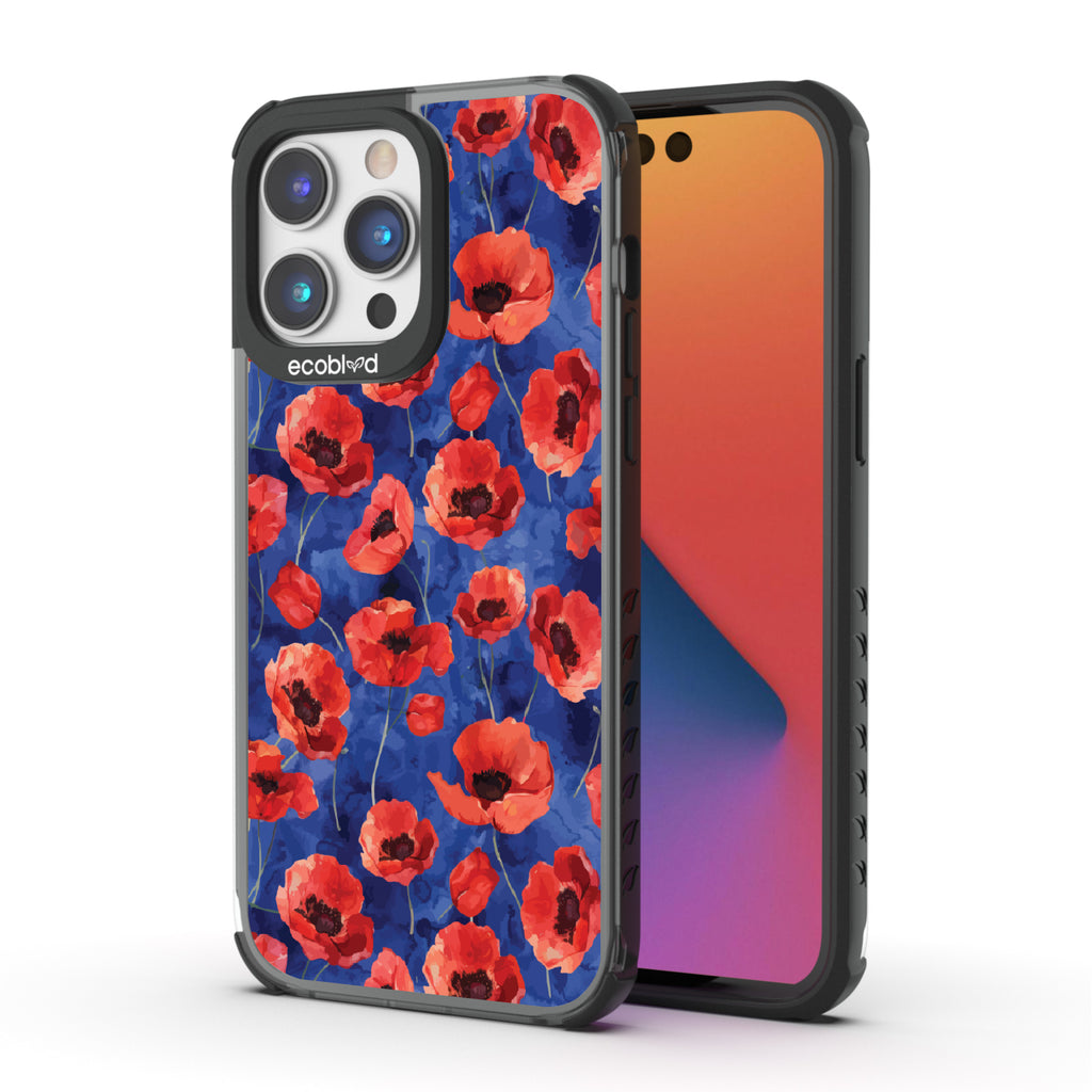 Front and back view of iPhone 14 Pro case, clear compostable phone case with black ridges, Dream Bouquet design
