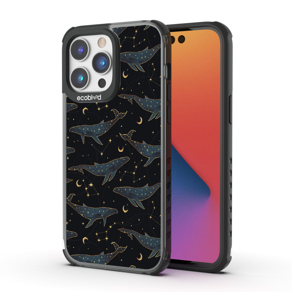 Front and back view of iPhone 14 Pro Max case, clear compostable phone case with black ridges, Whale Wishes design