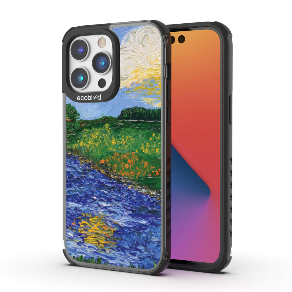 Front and back view of iPhone 14 Pro Max case, clear compostable phone case with black ridges, Field of Vision design