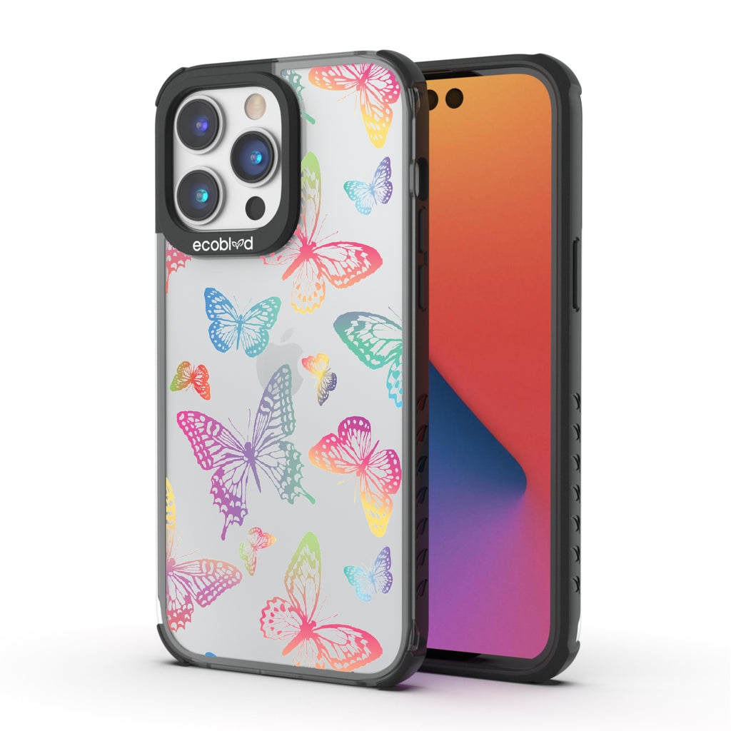 Butterfly Effect - Back View Of Black & Clear Eco-Friendly iPhone 14 Pro Max Case & A Front View Of The Screen