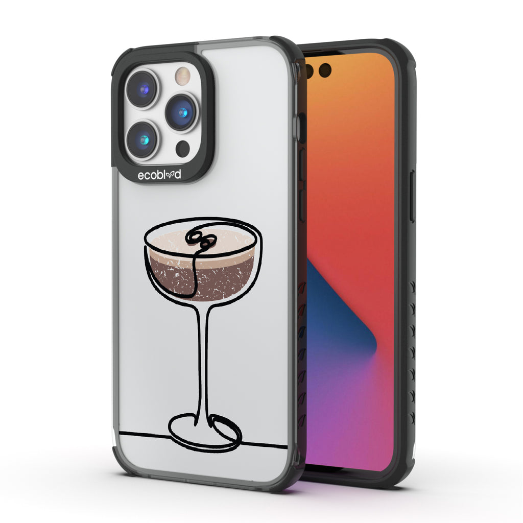 Front and back view of iPhone 14 Pro Max case, clear compostable phone case with black ridges, Brewtini design