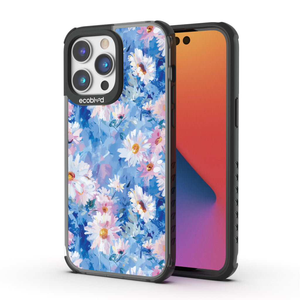 Front and back view of iPhone 14 Pro Max case, clear compostable phone case with black ridges, Blown Away design