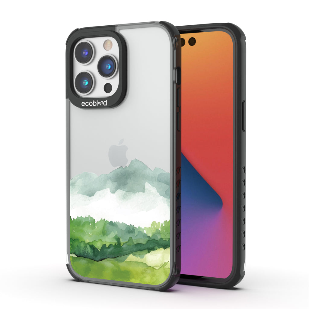 Front and back view of iPhone 14 Plus case, clear compostable phone case with black ridges, Open Horizon design